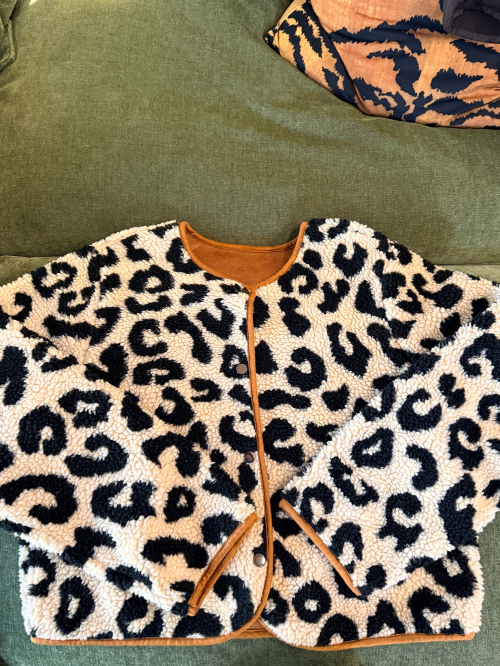 Leopard Print Sherpa Jacket with Faux Suede Trim